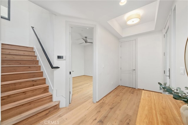 foyer entrance with hardwood / wood-style flooring and ceiling fan