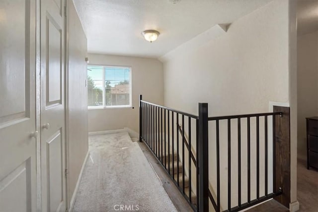 hallway with lofted ceiling and light colored carpet