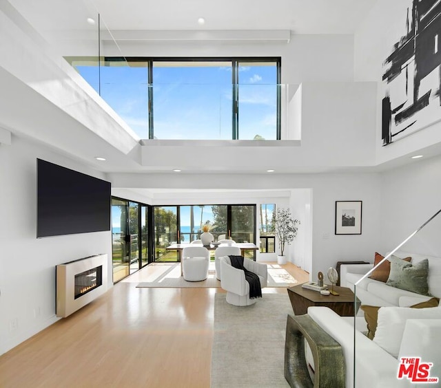 living room featuring wood-type flooring, a towering ceiling, and a wealth of natural light