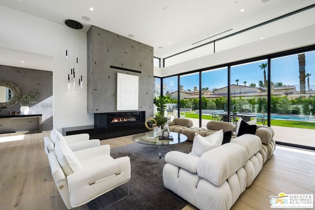 living room featuring light wood-type flooring and a fireplace