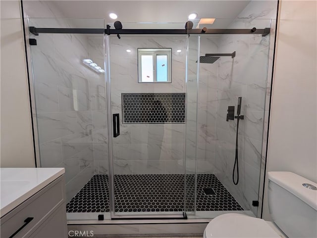 bathroom with toilet, a stall shower, and vanity