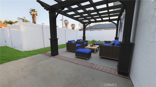 view of patio / terrace with a fenced backyard, outdoor lounge area, and a pergola