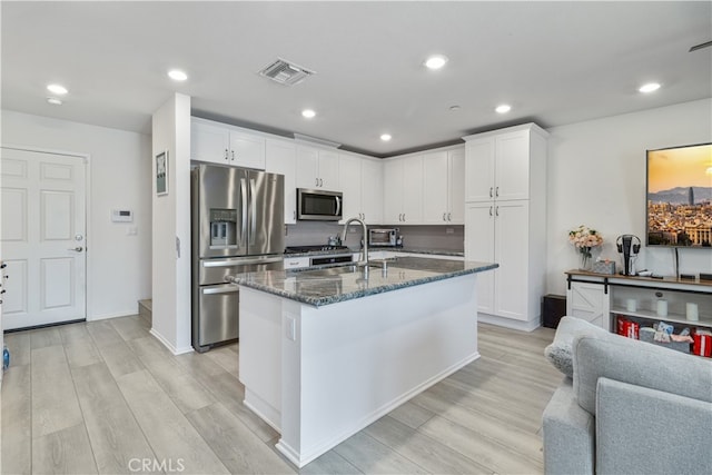 kitchen featuring white cabinetry, stainless steel appliances, and light wood-type flooring