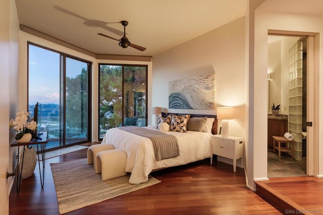 bedroom with hardwood / wood-style flooring, access to exterior, and ceiling fan