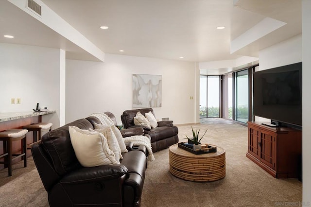 carpeted living room with expansive windows