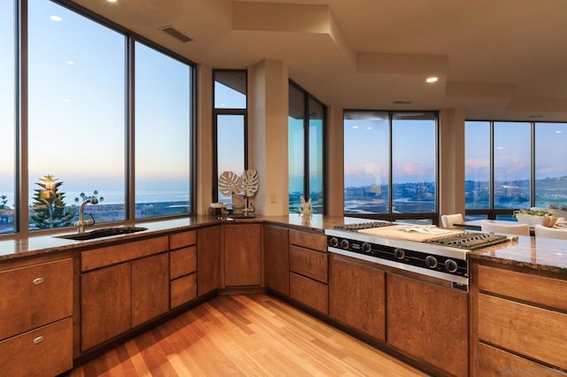 kitchen featuring light wood-type flooring, stone counters, stainless steel gas cooktop, sink, and a water view