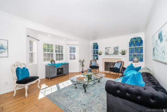 living room with light hardwood / wood-style flooring, ornamental molding, and a premium fireplace