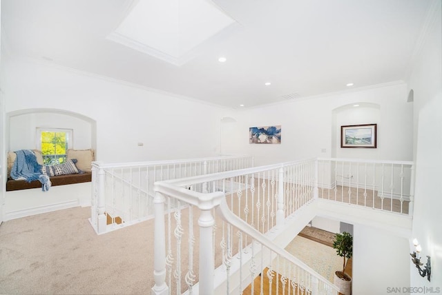 hallway with ornamental molding and carpet flooring