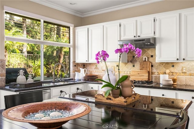 kitchen featuring under cabinet range hood, a sink, dark countertops, white cabinetry, and crown molding