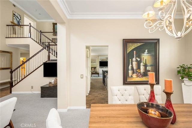 carpeted dining area with stairs, baseboards, a chandelier, and ornamental molding