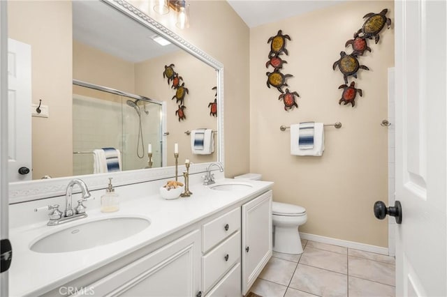 bathroom featuring a sink, a stall shower, double vanity, and tile patterned flooring