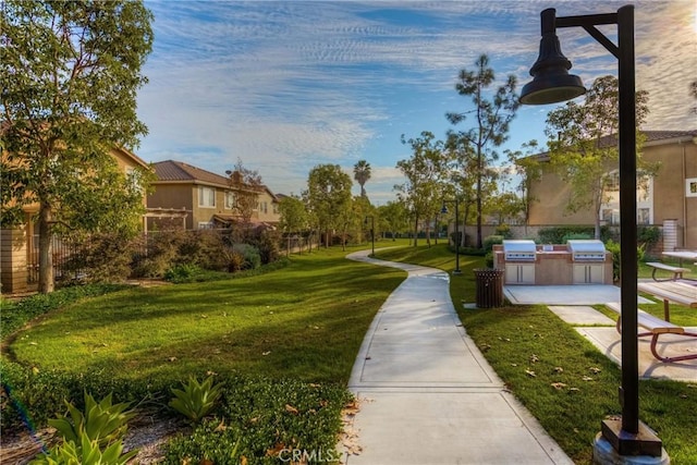 view of property's community featuring exterior kitchen, fence, and a lawn