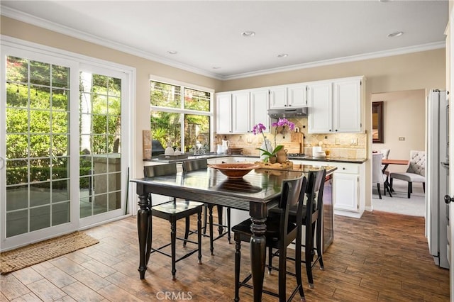 kitchen with under cabinet range hood, dark countertops, dark wood finished floors, crown molding, and decorative backsplash