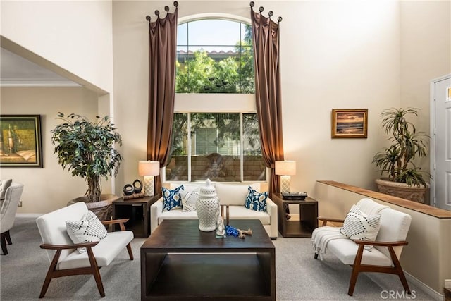 living area featuring crown molding, a high ceiling, baseboards, and carpet floors