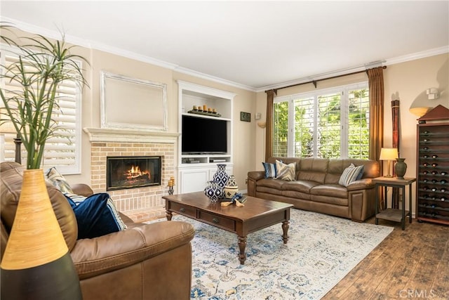 living area featuring crown molding, wood finished floors, and a fireplace