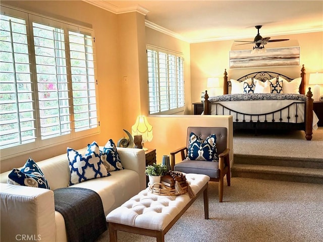 carpeted bedroom featuring crown molding