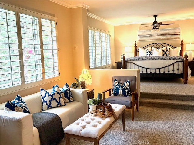 carpeted bedroom featuring ornamental molding and multiple windows