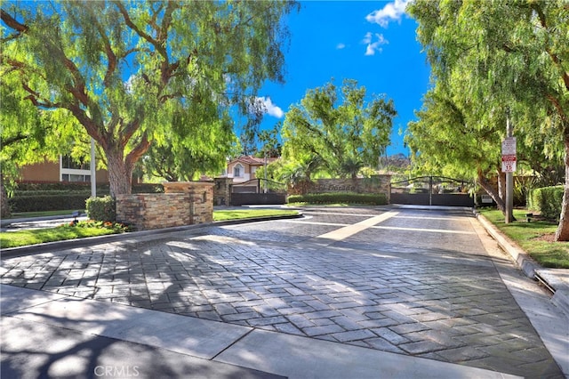 view of road featuring a gated entry, curbs, and a gate