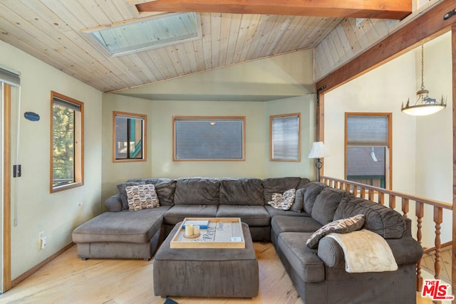 living room featuring vaulted ceiling with beams, light hardwood / wood-style floors, and wood ceiling