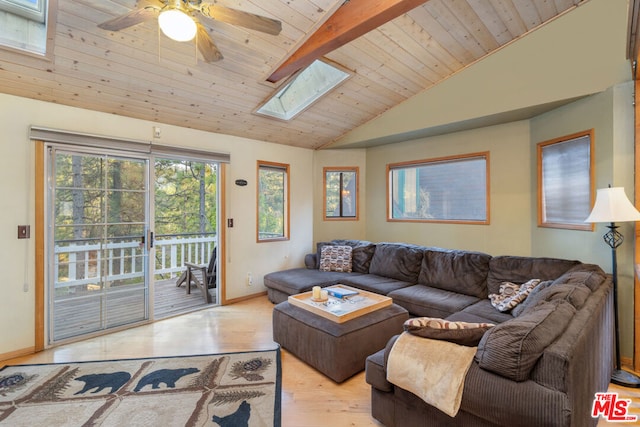 living room featuring lofted ceiling with skylight, wooden ceiling, light wood-type flooring, and ceiling fan