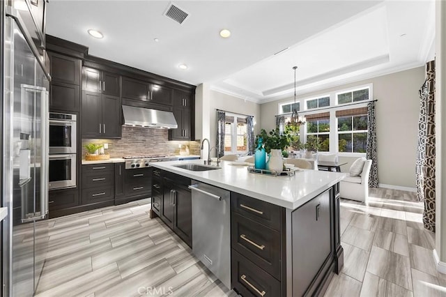 kitchen with ventilation hood, a center island with sink, sink, decorative light fixtures, and stainless steel appliances