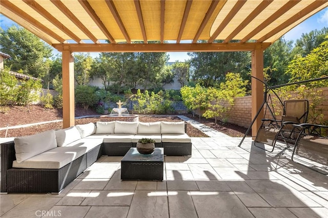 view of patio featuring an outdoor living space and a pergola