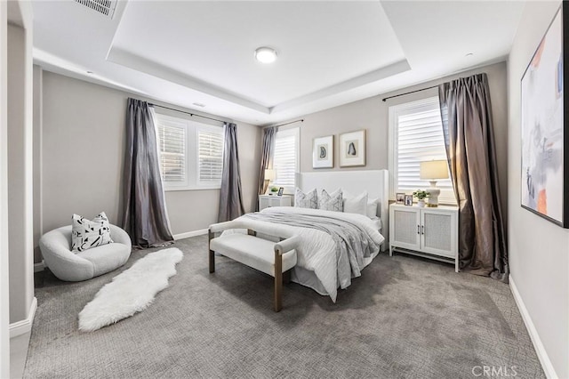 bedroom with carpet flooring, a raised ceiling, and multiple windows