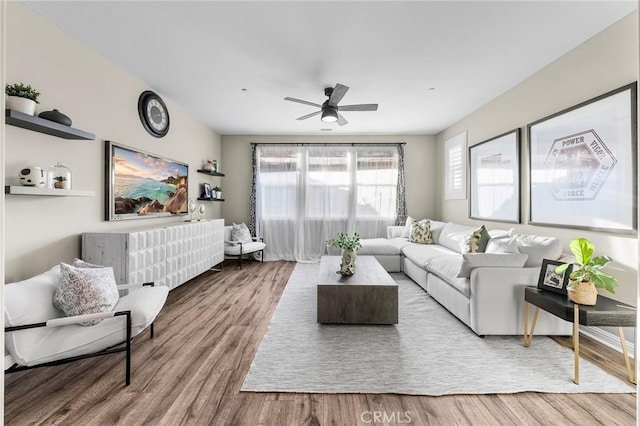 living room featuring ceiling fan and hardwood / wood-style flooring