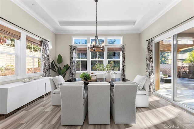 dining area featuring a tray ceiling, a chandelier, and a healthy amount of sunlight