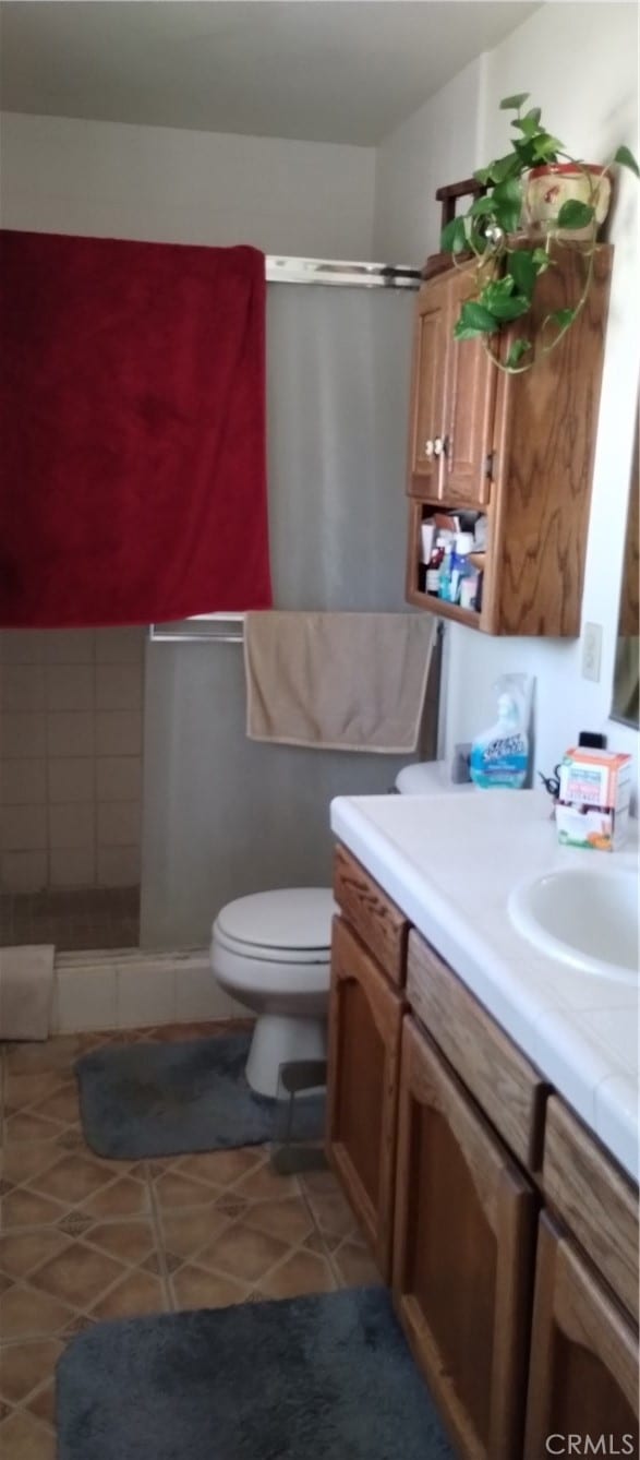 bathroom with vanity, toilet, and walk in shower