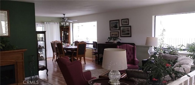 dining area featuring a fireplace, a ceiling fan, and wood finished floors