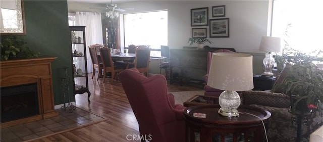 dining area with a fireplace, wood finished floors, and a ceiling fan