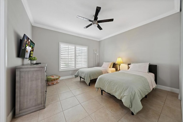 bedroom with crown molding, light tile patterned flooring, and ceiling fan