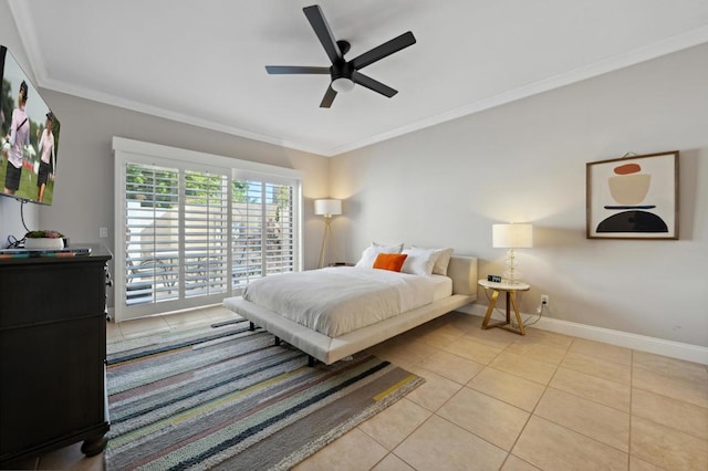 tiled bedroom with ceiling fan, crown molding, and access to exterior