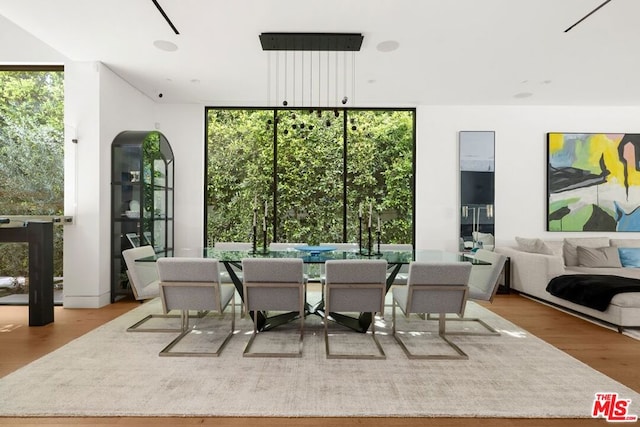 dining area with a wall of windows and light wood-type flooring