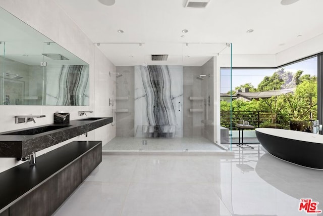 bathroom featuring vanity and plus walk in shower