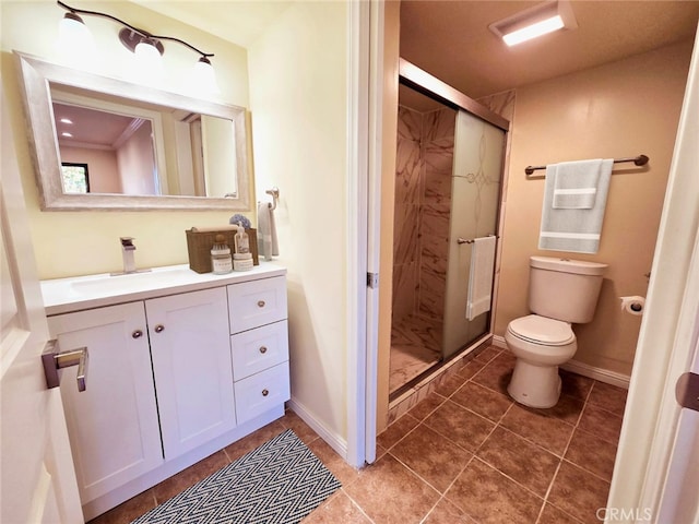 bathroom featuring tile patterned flooring, vanity, toilet, and an enclosed shower