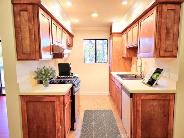 kitchen with crown molding, light tile patterned floors, sink, and appliances with stainless steel finishes