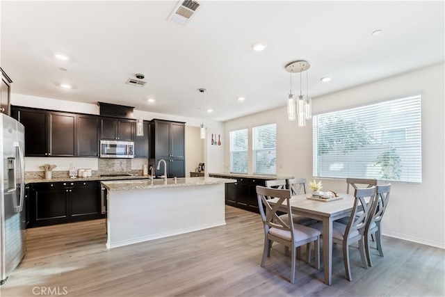 kitchen with stainless steel appliances, a kitchen island with sink, light hardwood / wood-style flooring, and pendant lighting