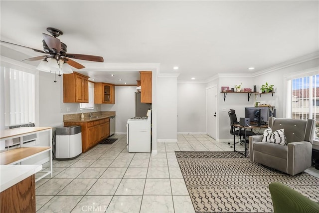 kitchen featuring white range, stainless steel dishwasher, ceiling fan, and crown molding