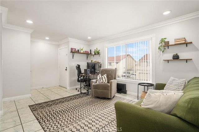 living room featuring crown molding