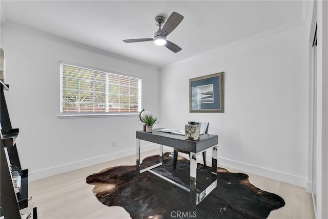 office with ceiling fan, wood-type flooring, and crown molding