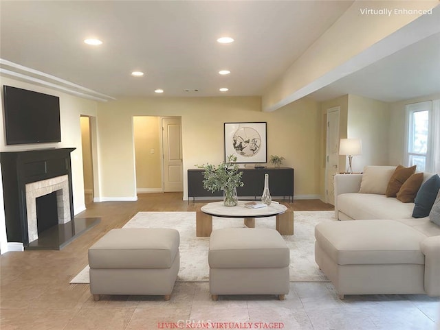 living room featuring beam ceiling