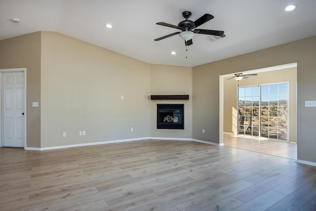 unfurnished living room with ceiling fan and light wood-type flooring