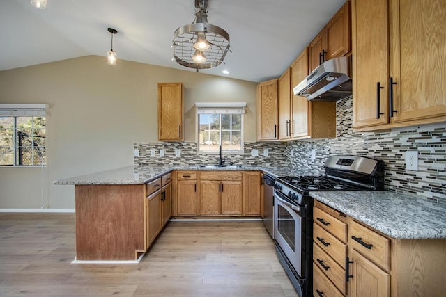 kitchen featuring hanging light fixtures, light hardwood / wood-style floors, kitchen peninsula, stainless steel appliances, and extractor fan