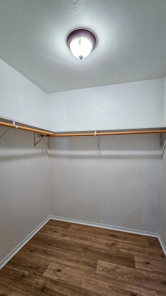 walk in closet with dark wood-type flooring