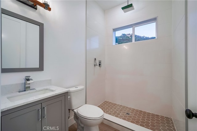 bathroom with vanity, toilet, and tiled shower