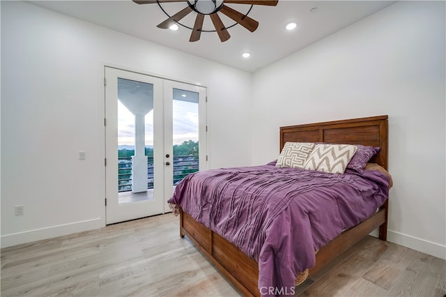 bedroom featuring french doors, access to exterior, light hardwood / wood-style floors, and ceiling fan