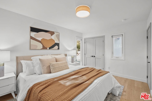 bedroom with light hardwood / wood-style floors and a closet