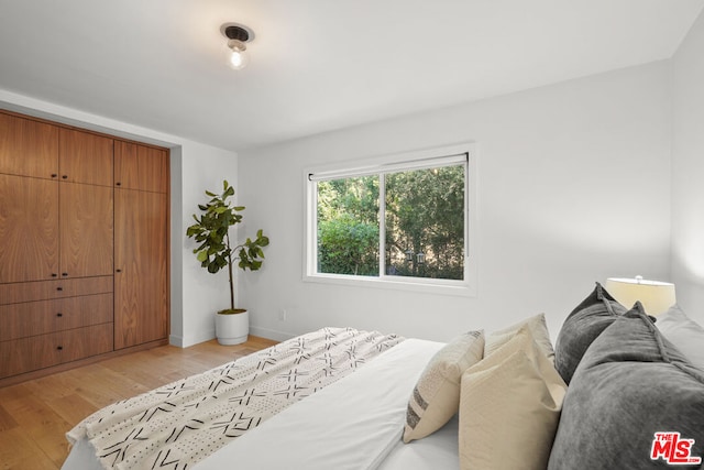 bedroom featuring light wood-type flooring and a closet